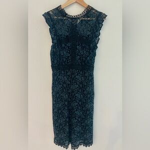 Zara Basic Black & Teal Lace Midi Dress.  Size L